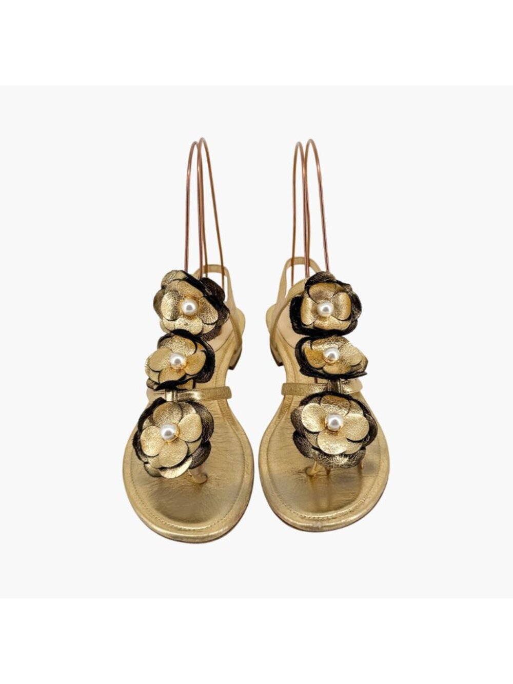 Chanel Camellia Pearl T-Strap Sandals Gold Leather Size 37C US 6–6.5 Women Flat - Picture 2 of 15